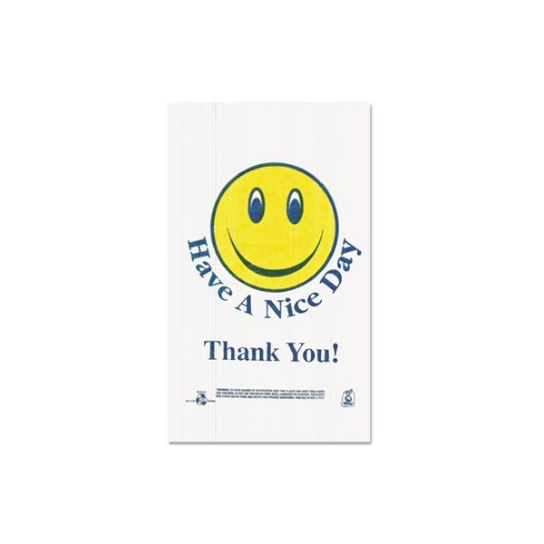 Brown Paper Goods BarnesPape, SMILEY FACE SHOPPING BAGS, 12.5 MICRONS, 11.5in X 21in, WHITE, 900/CARTON, PK900 T16SMILEY - main